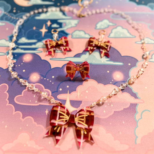 Lovely Tartan Bow Earrings (Scarlet Version)