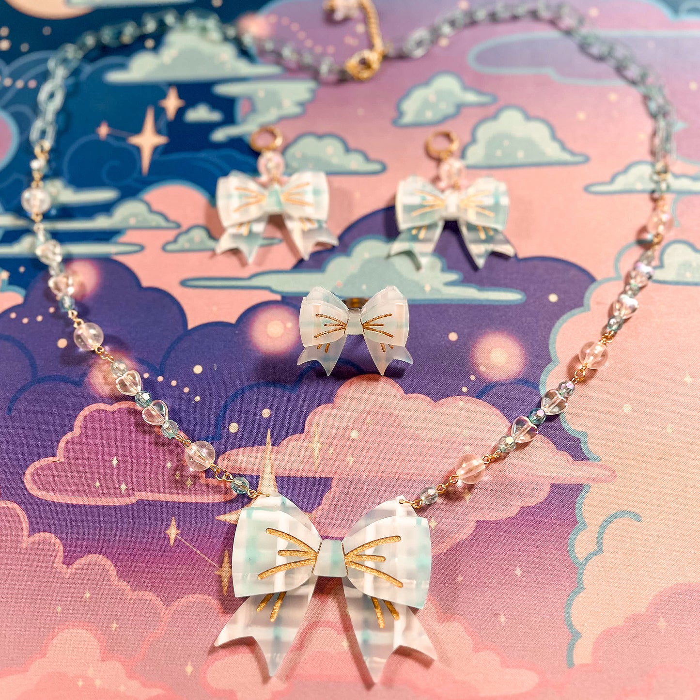 Lovely Tartan Bow Earrings (Pastel Blue Version)