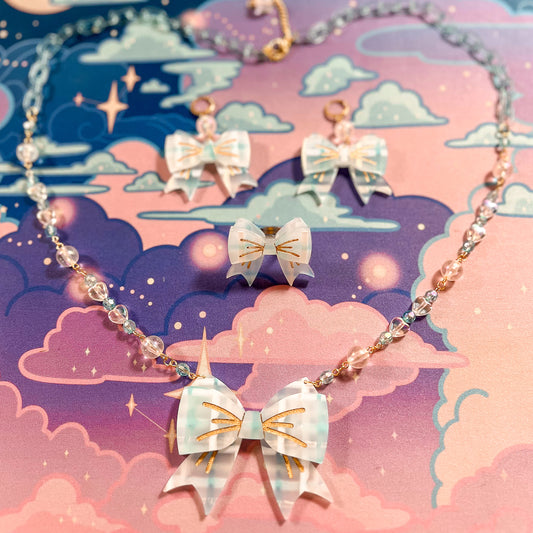 Lovely Tartan Bow Earrings (Pastel Blue Version)