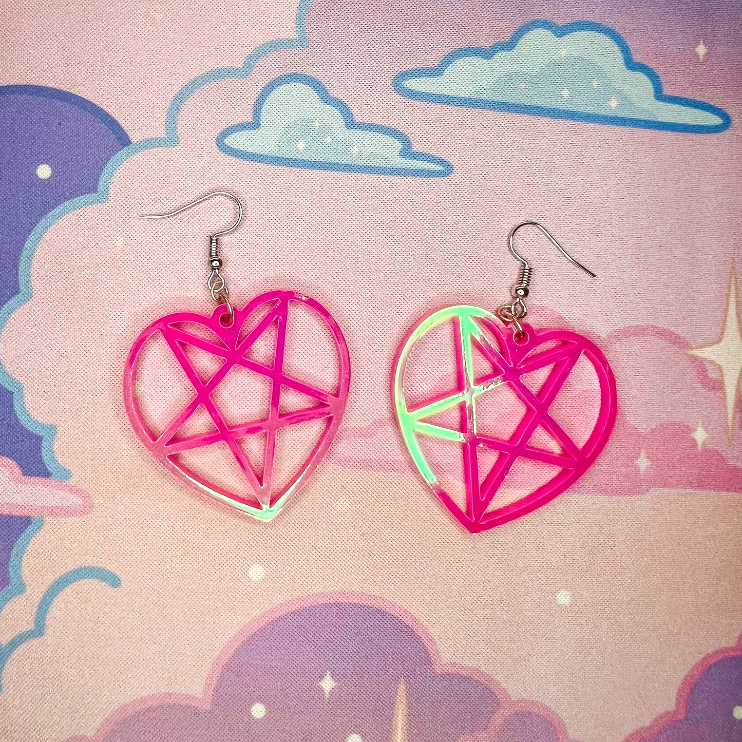 Heart Pentagram Earrings (Iridescent Pink)