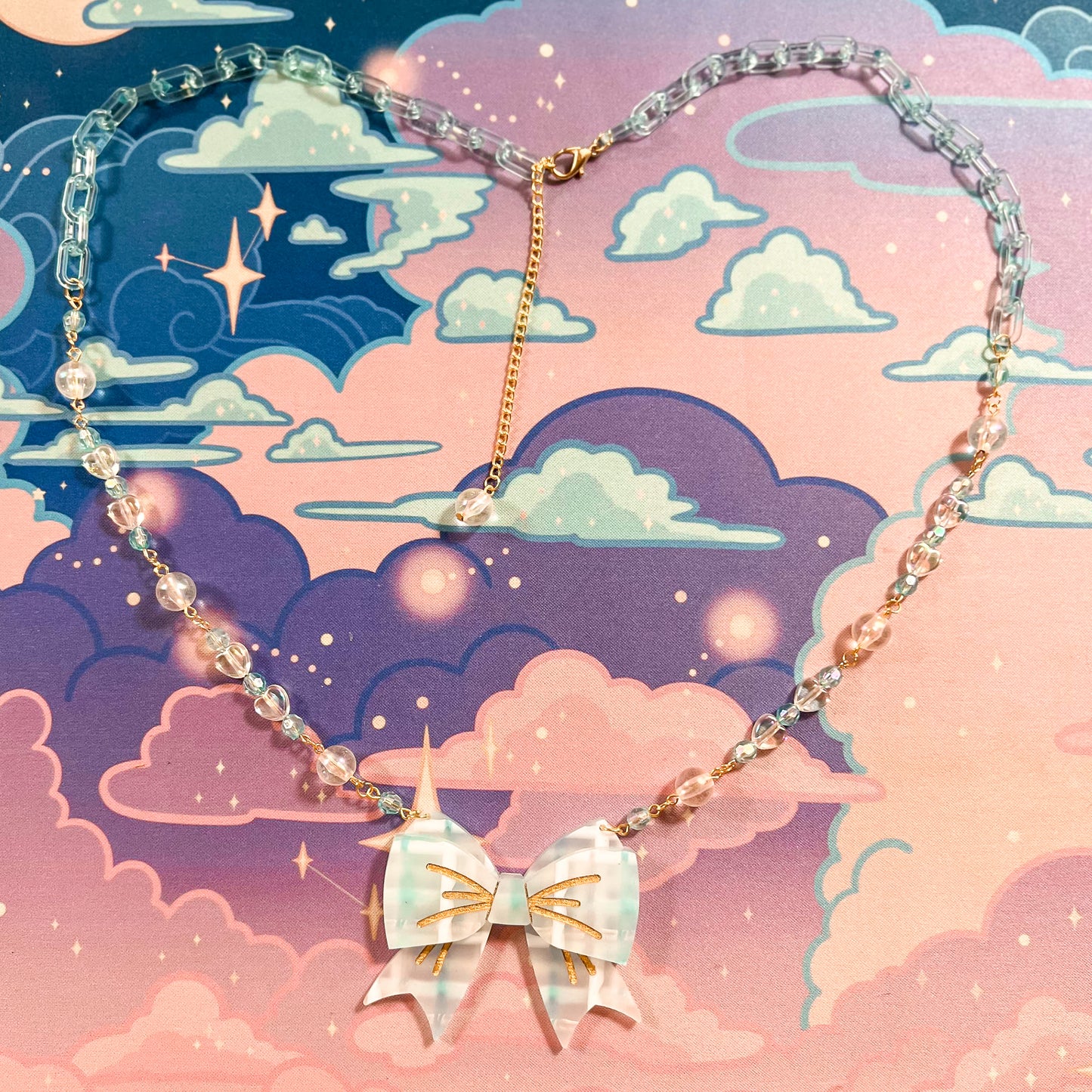 Lovely Tartan Bow Necklace (Pastel Blue Version)
